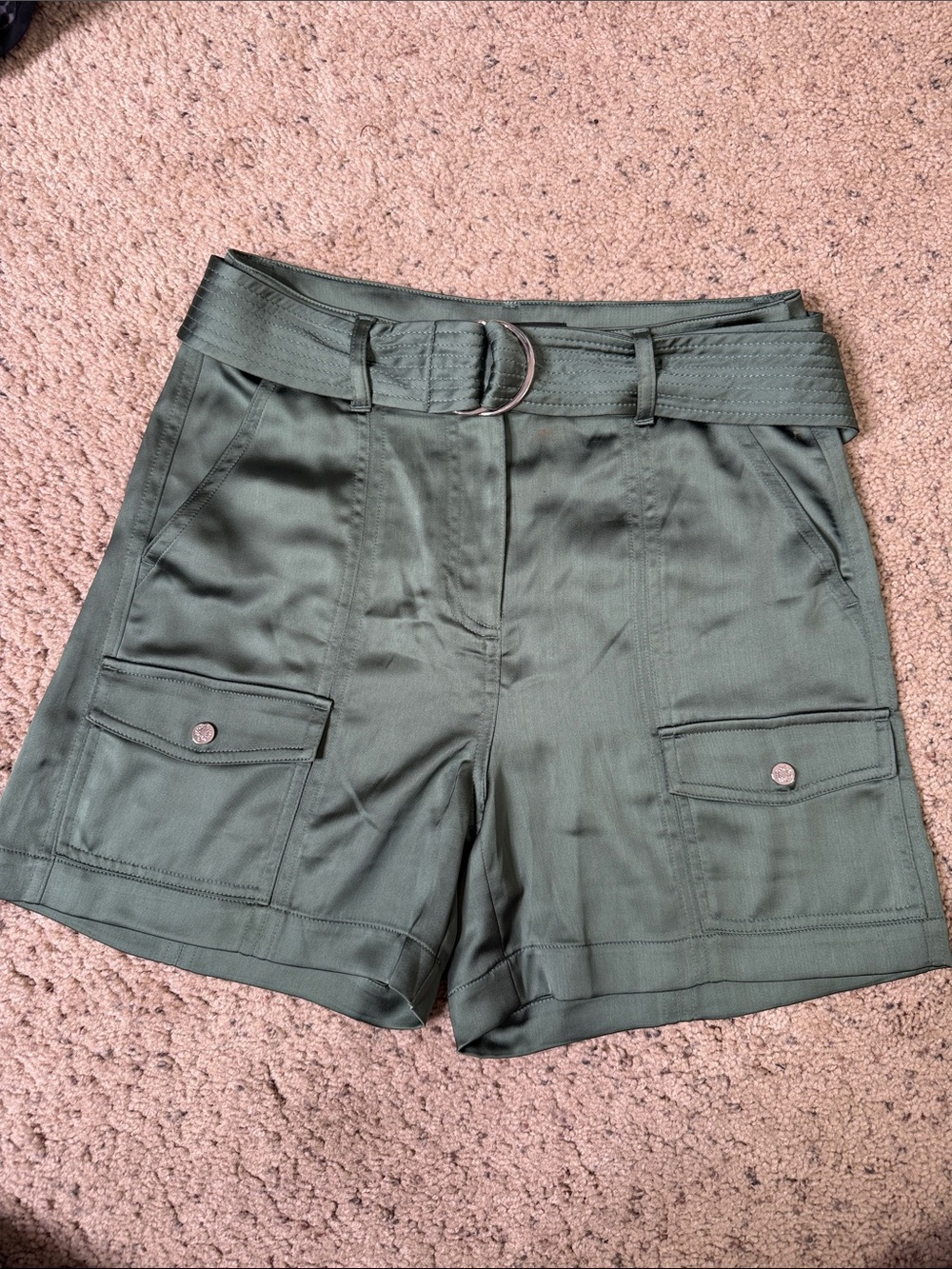 White House Black Market Dark Olive Belted Silky Cargo Shorts 2